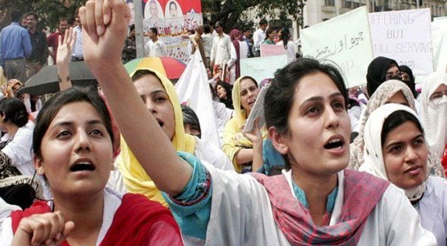 Young doctors continue protest against NLE test in Lahore