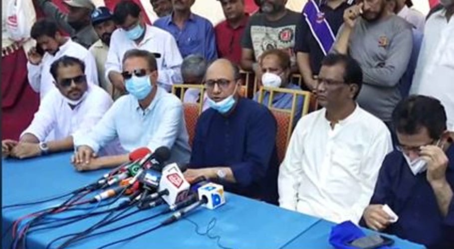 Saeed Ghani and Wasim Akhtar holding a press conference