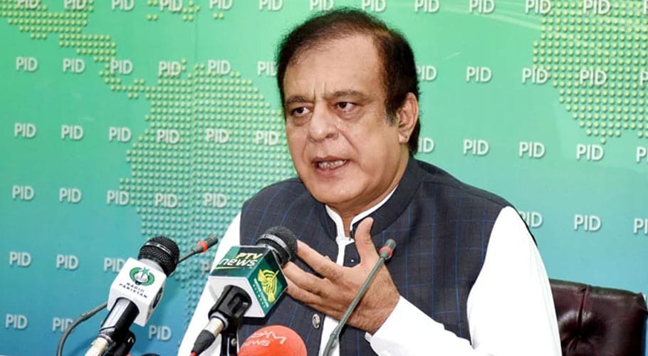 Federal Minister Shibli Faraz talks to media