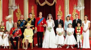 Queen Elizabeth and the Royal family at the wedding of Prince William with Duchess Catherine on April 29, 2011
