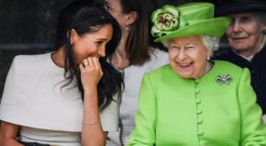 Queen Elizabeth shared a laugh with her granddaughter-in-law, Meghan during their first official engagement (2018).