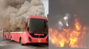 A fire erupted in a metro bus near Minar-e-Pakistan. Source: Twitter