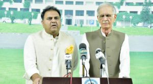 Minister for Information and Broadcasting Chaudhry Fawad Hussain and Minister for Defence Pervaiz Khattak addressing media at Parliament House. Source: PID.
