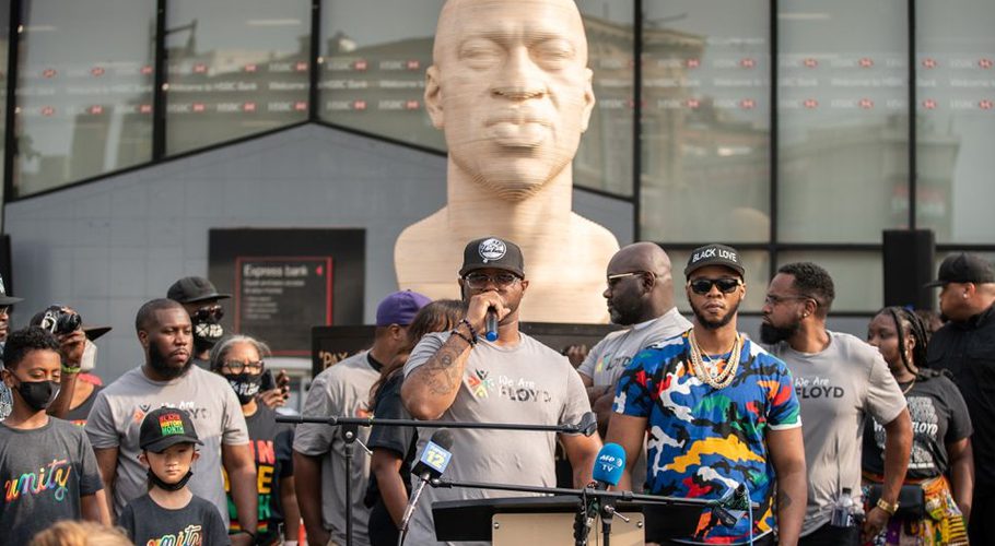 Terrence Floyd, brother of the late George Floyd who was killed by a police officer, speaks during the unveiling event of Floyd's statue. Source: Reuters