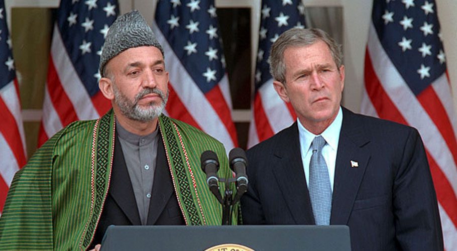 United States president George W. Bush with Hamid Karzai. Source: Wikipedia