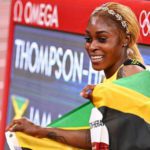 Elaine Thompson-Herah of Jamaica celebrates after winning gold Source: Reuters.