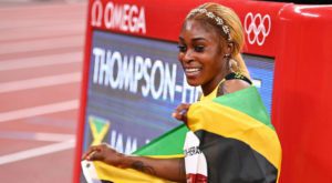 Elaine Thompson-Herah of Jamaica celebrates after winning gold Source: Reuters.