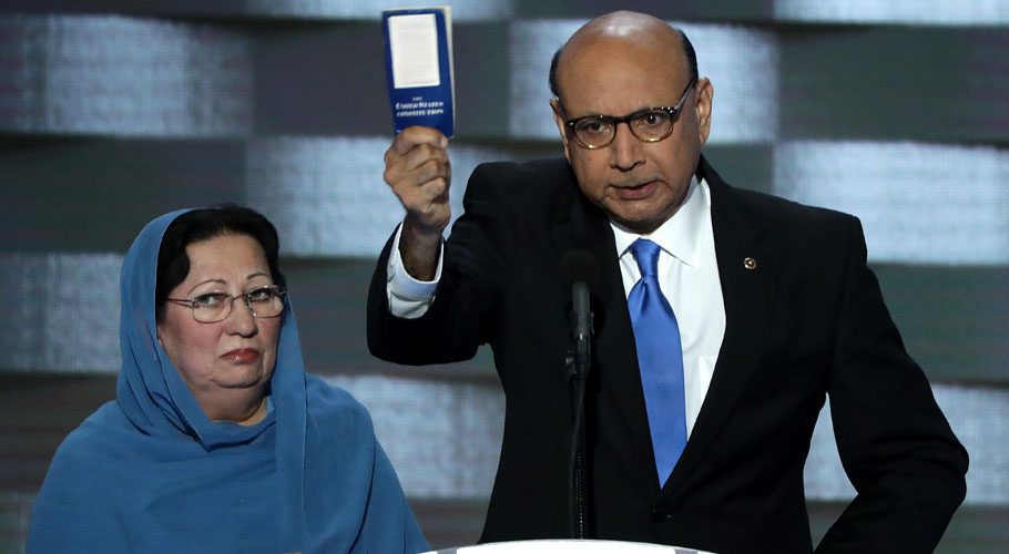 Khizr Khan, accompanied by his wife Ghazala, speaks at the Democratic National Convention in Philadelphia on July 28, 2016. Source: NPR