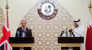 Qatari Foreign Minister Sheikh Mohammed bin Abdulrahman Al-Thani and Britain's Foreign Secretary Dominic Raab hold a joint news conference in Doha. Source: Reuters.