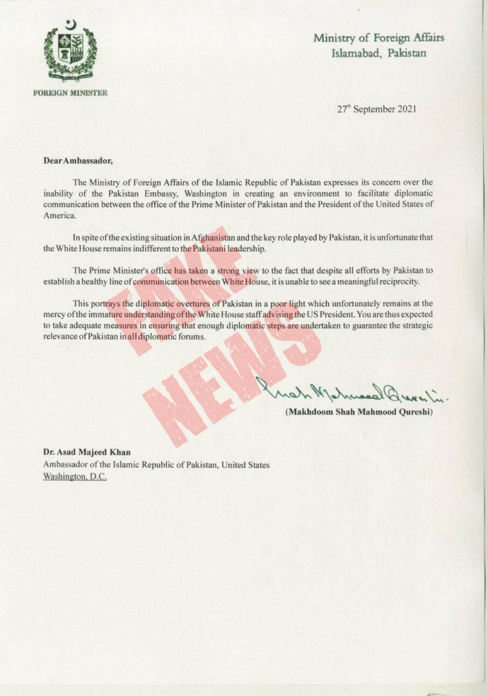The letter has been dismissed as fake by the Foreign Office. Source: APP. 