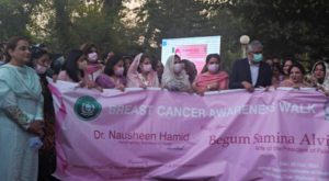 Begum Samina Alvi was addressing at an awareness walk on breast cancer. Source: APP.