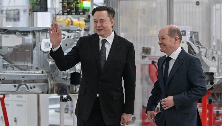 German Chancellor Olaf Scholz and Elon Musk attend the opening ceremony of the new Tesla Gigafactory. Source: Reuters.