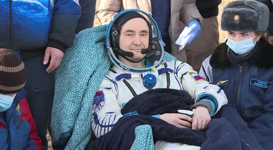 The International Space Station (ISS) crew member Roscosmos cosmonaut Pyotr Dubrov rests after landing with the Soyuz MS-19 space capsule. Source: Reuters.