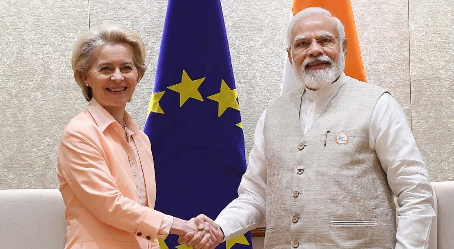 European Commission President Ursula von der Leyen is on a two-day trip to India. Source: Indian MEA/Twitter.