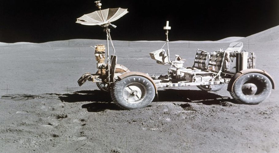 FILE - Rover alone, looking north, on the west edge of Mount Hadley is at upper right edge of picture, the most distant lunar feature visible is about 25 kilometers away, Aug. 1971.  Goodyear is teaming with Lockheed Martin on the development of a vehicle planned for use on the moon, providing airless tires for the project. This isn't Goodyear's first venture into space, as it supplied essential products for NASA's Apollo program, including the Apollo 11 mission.  (AP Photo, File)