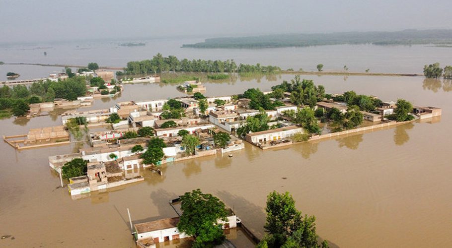 A general view of a flooded area after heavy monsoon rains is pictured from atop a bridge in Charsadda district in the Khyber Pakhtunkhwa province of Pakistan on August 27, 2022. (AFP)