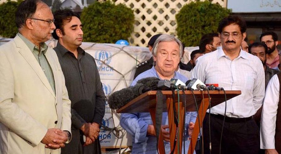 United Nation Secretary General Antonio Guterres talking to media at Karachi Airport before departure from Pakistan: Image: APP