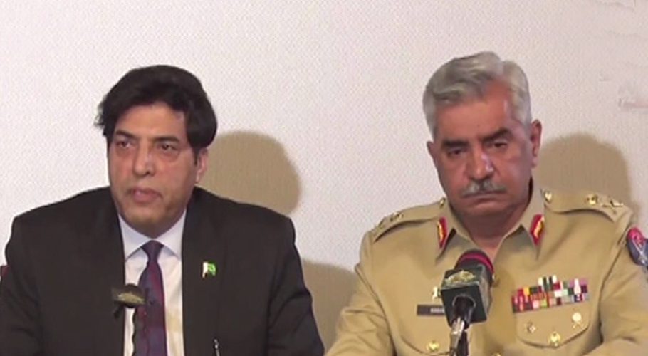 Inter-Services Intelligence (ISI) Director General Lt Gen Nadeem Anjum (left) and Inter-Services Public Relations (ISPR) Director General Lt Gen Babar Iftikhar addresses a press conference in Rawalpindi on Thursday. (Image: DawnNewsTV)