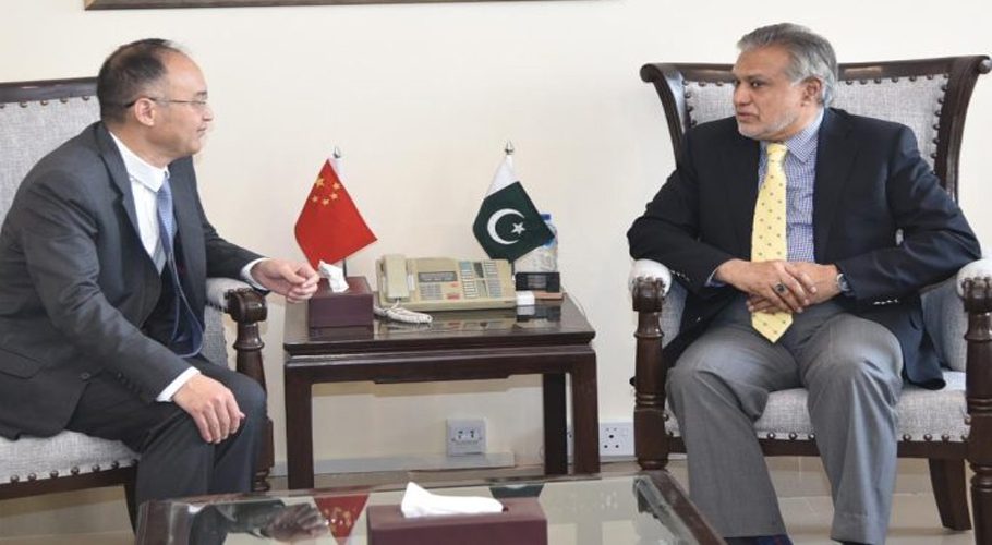 Ishaq Dar meets Chinese ambassador Nong Rong on Friday. (Image: APP)