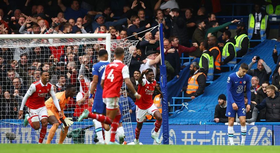 Premier League - Chelsea v Arsenal - Stamford Bridge, London, Britain - November 6, 2022 Arsenal's Gabriel celebrates scoring their first goal REUTERS/Hannah Mckay
