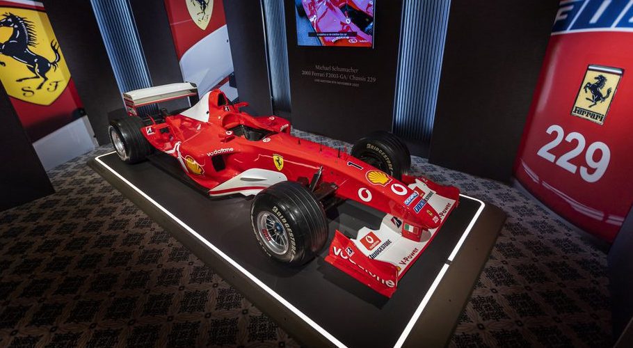 The Ferrari F2003 GA chassis number 229 with which Formula One F1 driver Michael Schumacher won his sixth World Championship title is seen during a preview at Sotheby's before the auction sale where it is estimated to fetch between 7,500,000 and 9,500,000 CHF, in Geneva, Switzerland, November 4, 2022. REUTERS/Denis Balibouse