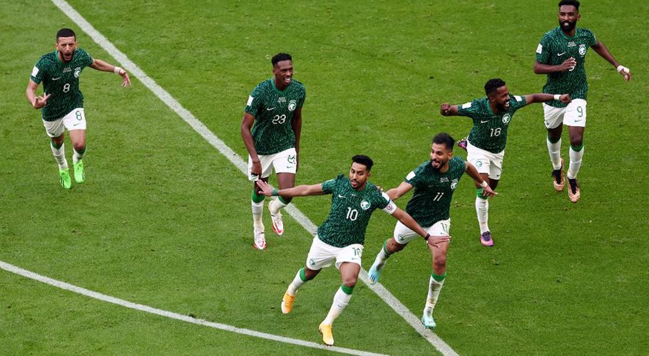 FIFA World Cup Qatar 2022 - Group C - Argentina v Saudi Arabia - Lusail Stadium, Lusail, Qatar - November 22, 2022 Saudi Arabia's Salem Al-Dawsari celebrates scoring their second goal with teammates REUTERS/Marko Djurica