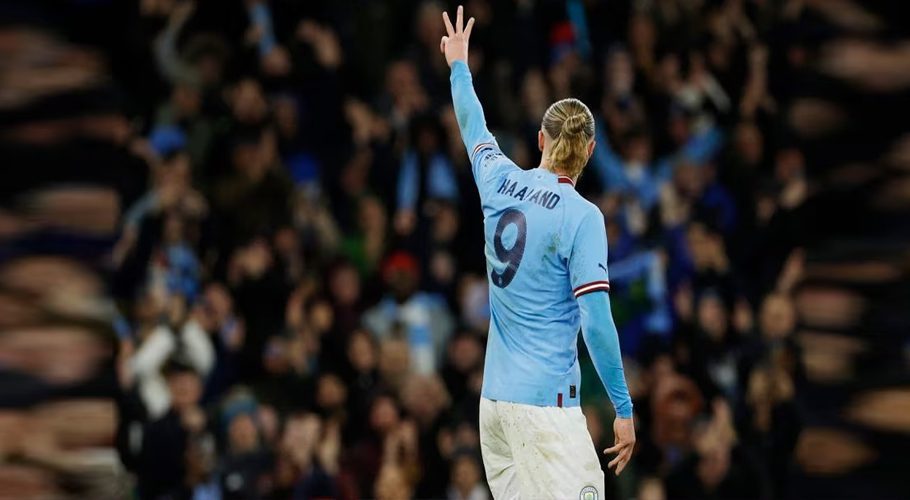 Football - FA Cup - Quarter-Final - Manchester City v Burnley - Etihad Stadium, Manchester, Britain - March 18, 2023 Manchester City's Erling Braut Haaland celebrates scoring their third goal and his hat-trick Action Images via Reuters/Jason Cairnduff