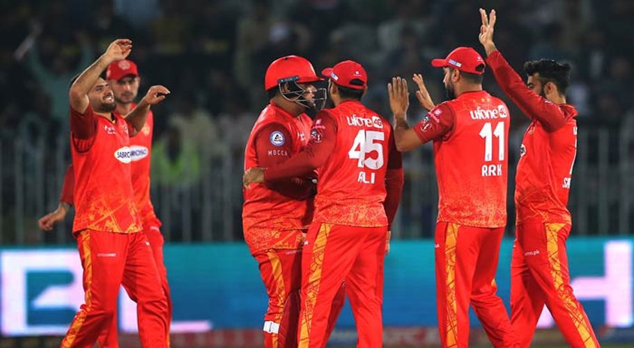 March 7, 2023: Islamabad United players celebrate during the match against Multan Sultans in Pakistan Super League (PSL) at the Pindi Cricket Stadium. (Image; PSL)