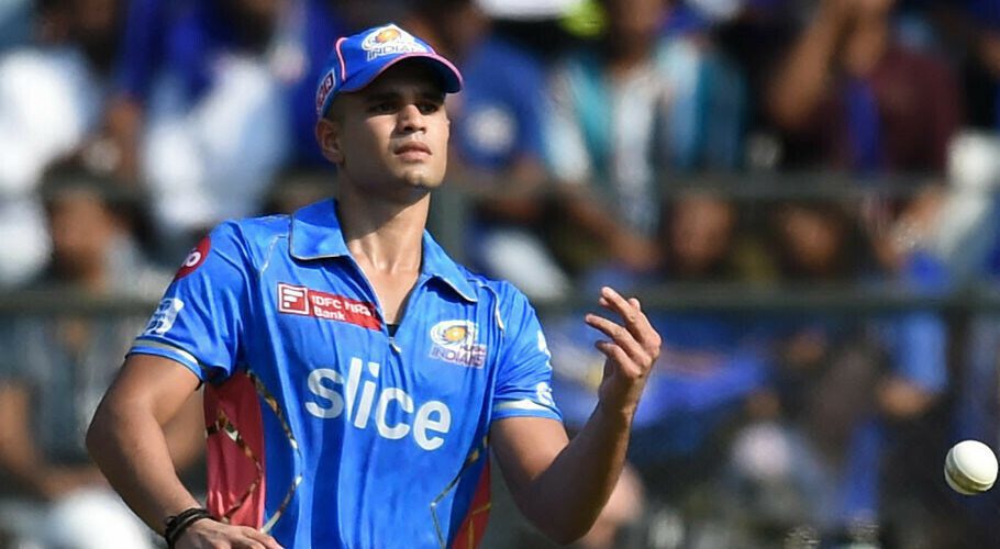 Mumbai Indians’ Arjun Tendulkar fields the ball during the Indian Premier League (IPL) Twenty20 cricket match between Kolkata Knight Riders and Mumbai Indians at the Wankhede Stadium in Mumbai on April 16, 2023. Photo: AFP
