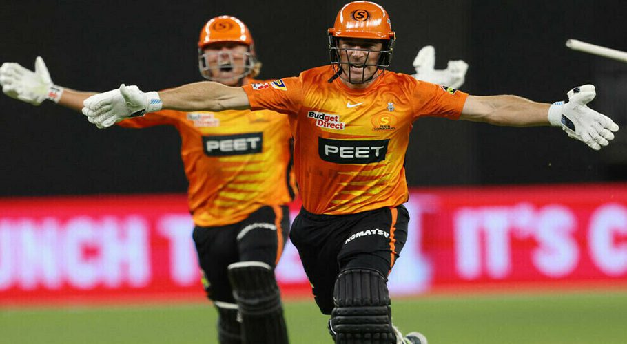 Perth Scorchers’ Nick Hobson (R) and teammate Cooper Connolly celebrate after scoring the winning runs in the Big Bash League (BBL) Twenty20 cricket final between Perth Scorchers and Brisbane Heat at Optus Stadium in Perth on February 4, 2023. File Photo: AFP