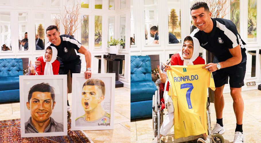 Cristiano Ronaldo met Iranian painter Fatemeh who made portraits with her feet. Source: Khaleej