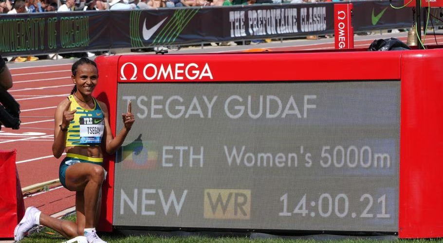 Sep 17, 2023; Eugene, OR, USA; Gudaf Tsegay (ETH) wins the women's 5,000m in a world record 14:00.21 during the Prefontaine Classic at Hayward Field. Mandatory Credit: Kirby Lee-USA TODAY Sports