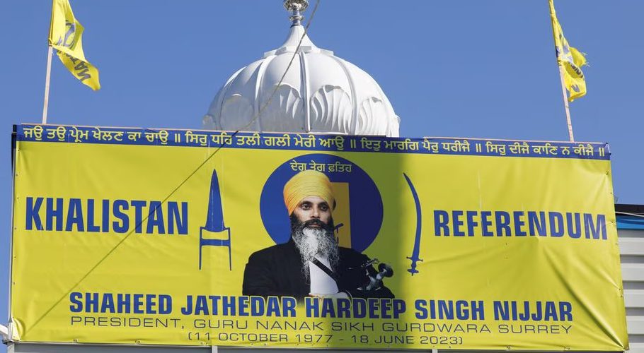 A sign outside the Guru Nanak Sikh Gurdwara temple is seen after the killing on its grounds in June 2023 of Sikh leader Hardeep Singh Nijjar, in Surrey, British Columbia, Canada September 18, 2023. REUTERS/Chris Helgren