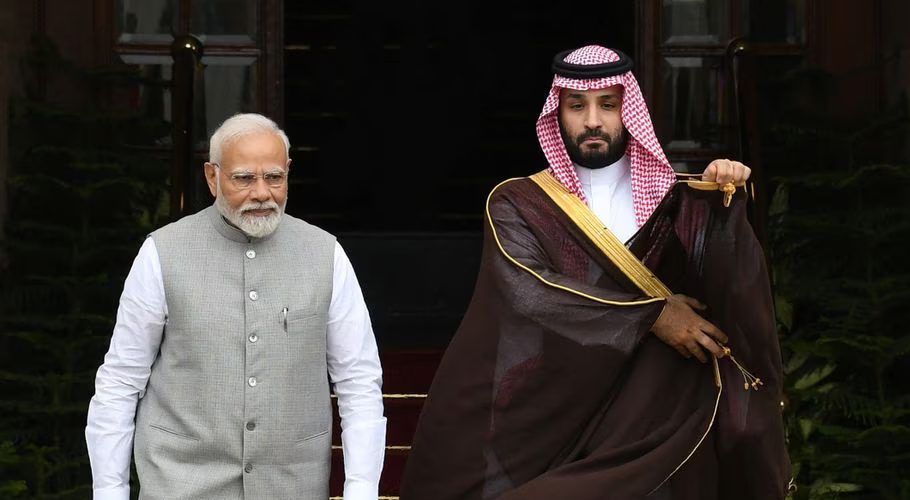 Saudi Arabia's Crown Prince Mohammed bin Salman and India's Prime Minister Narendra Modi arrive to attend a photo opportunity ahead of their meeting at Hyderabad House in New Delhi, India, September 11, 2023. REUTERS/Stringer