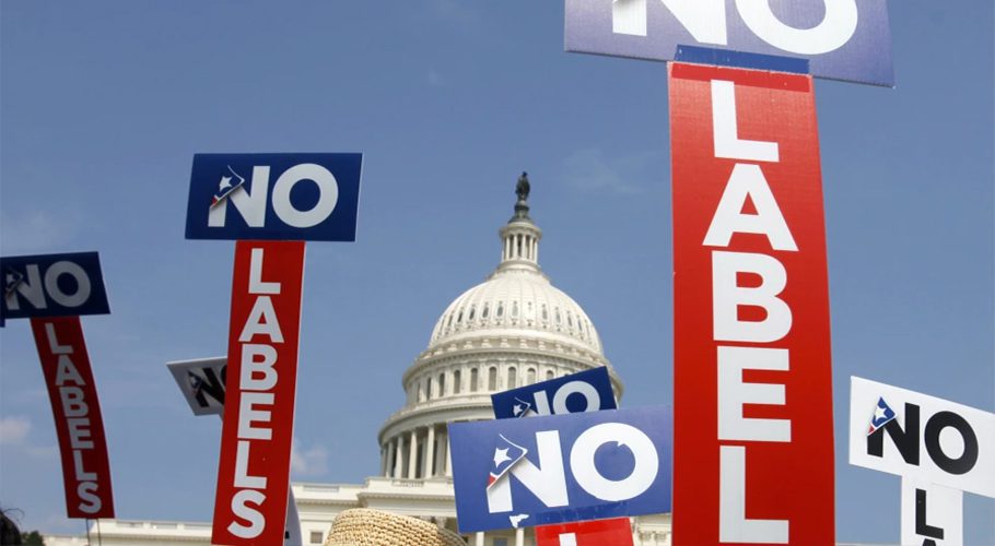 FILE - People with the group No Labels hold signs during a rally on Capitol Hill in Washington, July 18, 2011. More than 15,000 people in Arizona have registered to join a new political party floating a possible bipartisan “unity ticket” against Joe Biden and Donald Trump. (AP Photo/Jacquelyn Martin, File)