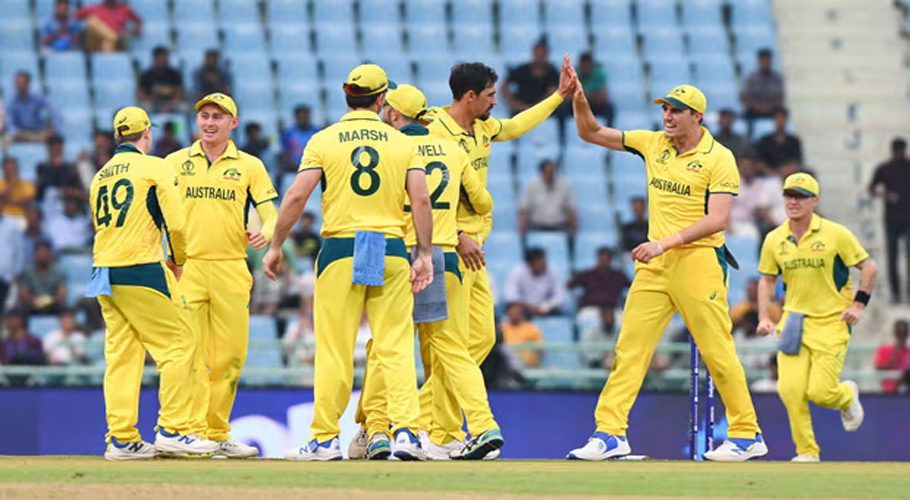 Australia’s Mitchell Starc celebrates the wicket of Sri Lanka ‘s Dhananjaya in front of empty seats. Photograph: Prakash Singh/Shutterstock