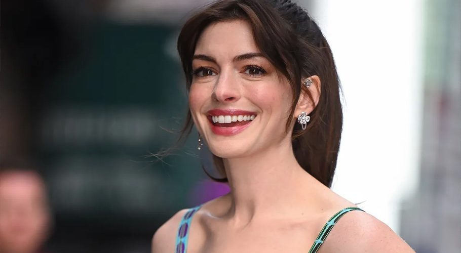 Anne Hathaway is seen outside ‘The Late Show With Stephen Colbert’ at the Ed Sullivan Theater on March 15, 2022, in New York City. | James Devaney/GC Images