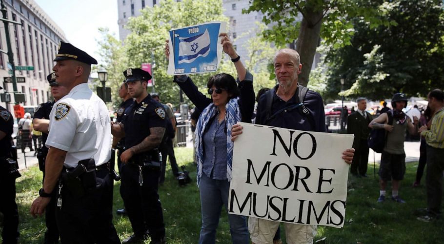 A small group attend an "anti-Islam" rally organized by "ACT for America," known for its racist and anti-Islamic notions, in Foley Square in Manhattan, New York, June 10, 2017. Meanwhile, another group, more crowded and consistin...
Anadolu Agency via Getty Images, FILE