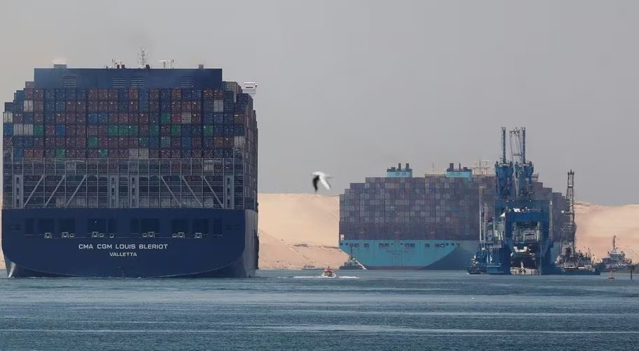 CMA CGM Louis Bleriot and a Maersk Line container ship pass through the Suez Canal in Ismailia, Egypt July 7, 2021. Picture taken July 7, 2021. REUTERS/Amr Abdallah Dalsh Acquire Licensing Rights