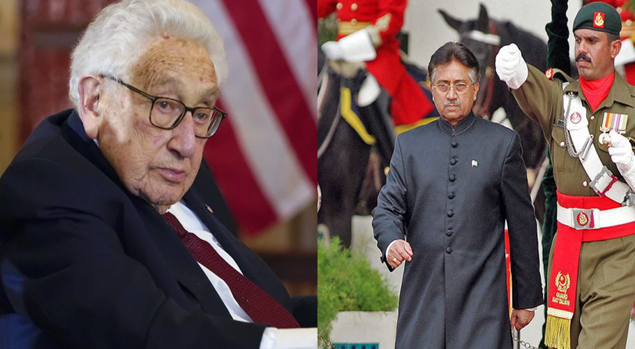 FILE - Former U.S. Secretary of State Henry Kissinger attends a luncheon with French President Emmanuel Macron, Dec. 1, 2022, at the State Department in Washington. (AP Photo/Jacquelyn Martin, File) In this file photo taken on November 29, 2007 Pakistan's President Pervez Musharraf (L) walks down after taking the oath as a civilian president at the presidential palace in Islamabad. (AFP/File)