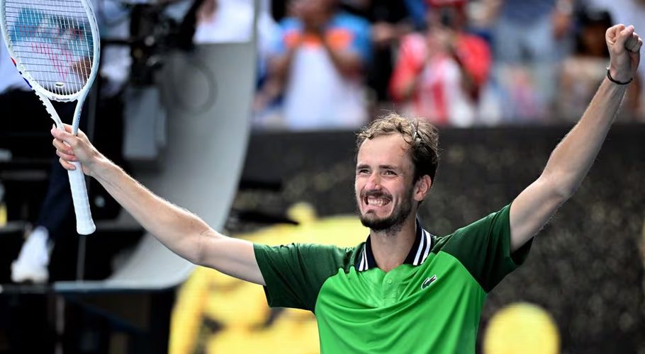 Tennis - Australian Open - Melbourne Park, Melbourne, Australia - January 24, 2024 Russia's Daniil Medvedev celebrates winning his quarter final match against Poland's Hubert Hurkacz REUTERS/Tracey Nearmy