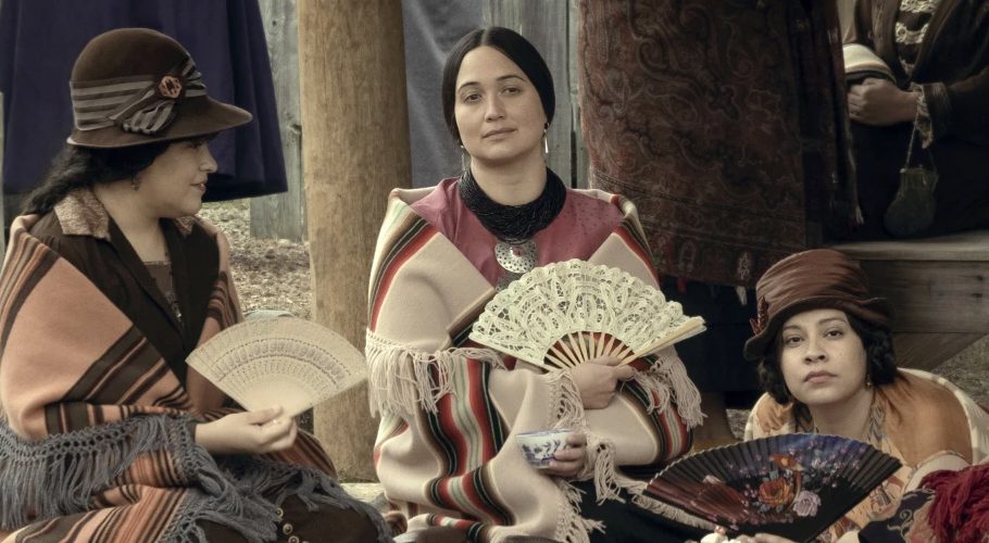 This image released by Apple TV+ shows, from left, JaNae Collins, Lily Gladstone, and Cara Jade Myers in a scene from “Killers of the Flower Moon.” (Melinda Sue Gordon/Apple TV+ via AP)