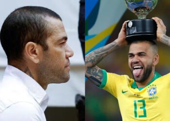 (L) Brazil footballer Dani Alves sits in court during the first day of his trial in Barcelona, Spain, February 5, 2024. Alberto Estevez/Pool via REUTERS/File Photo Purchase Licensing Rights