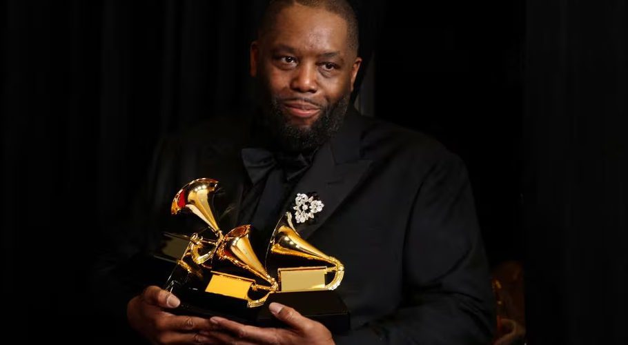 Killer Mike poses with the Best Rap Album award, the Best Rap Performance award and the Best Rap Song award at the 66th Annual Grammy Awards in Los Angeles, California, U.S., February 4, 2024. REUTERS/David Swanson