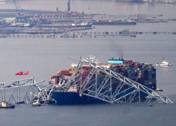 View of the Dali cargo vessel which crashed into the Francis Scott Key Bridge causing it to collapse in Baltimore, Maryland. REUTERS/Nathan Howard