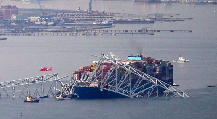 View of the Dali cargo vessel which crashed into the Francis Scott Key Bridge causing it to collapse in Baltimore, Maryland. REUTERS/Nathan Howard