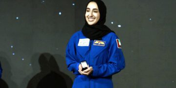 Nora AlMatrooshi, a NASA Artemis astronaut candidate graduate, smiles during a ceremony at Johnson Space Center in Houston, Texas, on March 5, 2024.(AFP)