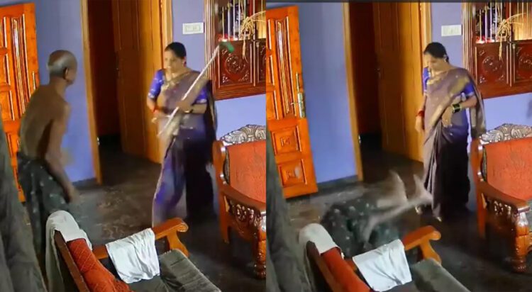 The CCTV footage of the incident showed an 87-year-old man, Padmanabha Suvarna, a resident of Mangaluru, being subjected to a barbaric beating by his daughter-in-law, Uma Shankari, in Kulshekar of Mangaluru. (Image/X@HateDetectors)