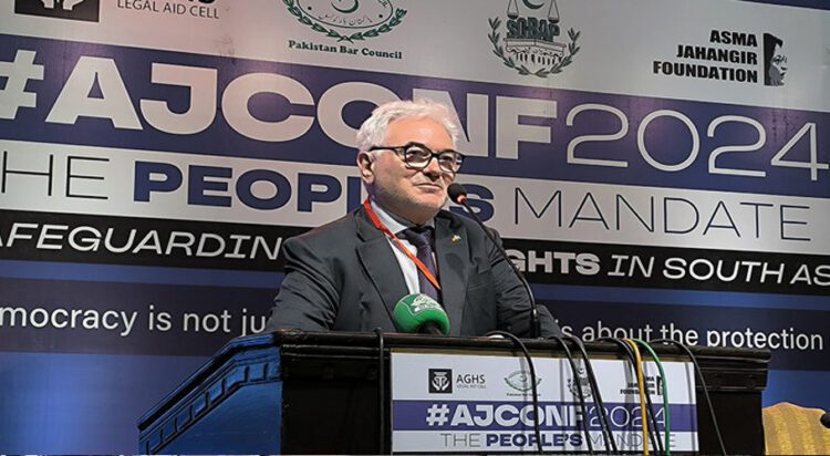 German Ambassador to Pakistan Alfred Grannas gestures during a speech at the Asma Jahangir Conference in Lahore on April 27, 2024. (Photo courtesy: X/@voicepkdotnet)