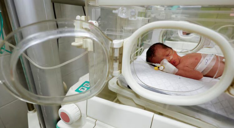A Palestinian baby girl, saved from the womb of her mother Sabreen Al-Sheikh (Al-Sakani), who was killed in an Israeli strike along with her husband Shokri and her daughter Malak, lies in an incubator at Al-Emirati hospital in Rafah in the southern Gaza Strip April 21. REUTERS/Mohammed Salem